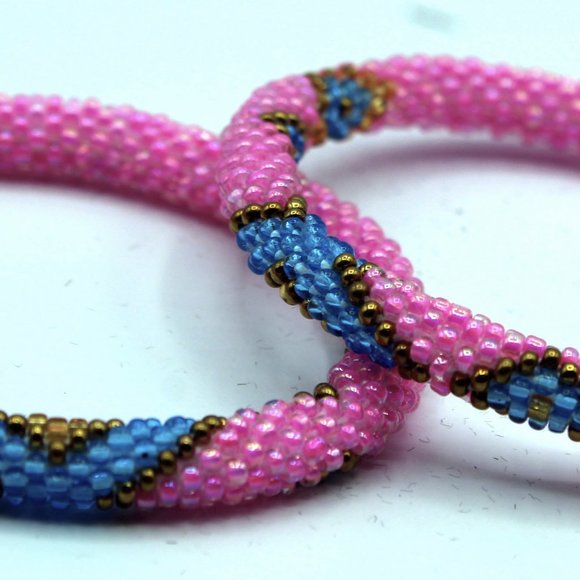 Set of 2 Pink, Blue Pattern Roll Over Handmade Glass Beaded Crochet Bracelet - Picture 3 of 8